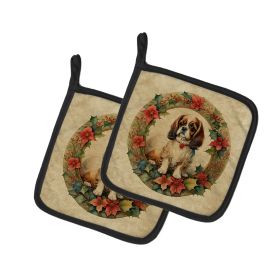 English Toy Spaniel Christmas Flowers Pair of Pot Holders Kitchen Heat Resistant Pot Holders Sets Oven Hot Pads for Cooking Baking BBQ, 7 1/2 x 7 1/2